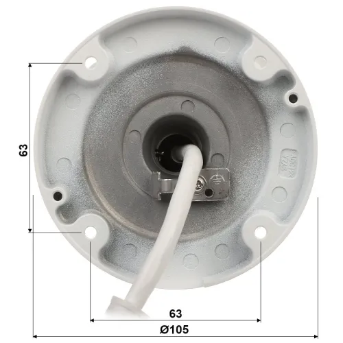Zdjęcie przedstawia widok od spodu okrągłej podstawy montażowej kamery z białym kablem wychodzącym z jej środka. Na podstawie widoczne są wymiary: średnica 105 mm i szerokość 63 mm.
