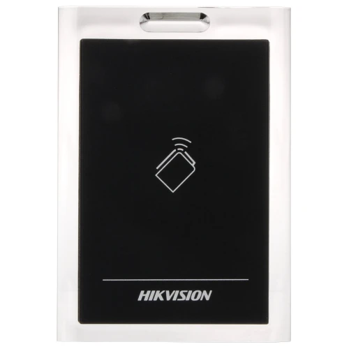 Czarny panel przedni Hikvision z białym logo i ikoną zbliżeniową, umieszczony w przezroczystej obudowie. Produkt przeznaczony jest do systemów kontroli dostępu.