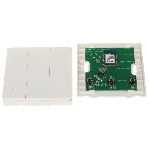 Zdjęcie przedstawia otwartą obudowę urządzenia elektrycznego z widoczną płytką drukowaną i trzema przyciskami. Po lewej stronie znajduje się zewnętrzna część obudowy z trzema panelami.