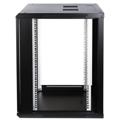 Czarna metalowa rama szafy serwerowej widziana z przodu, bez zamontowanych bocznych ścian i tylnej pokrywy. Wewnątrz widoczne są pionowe szyny montażowe.