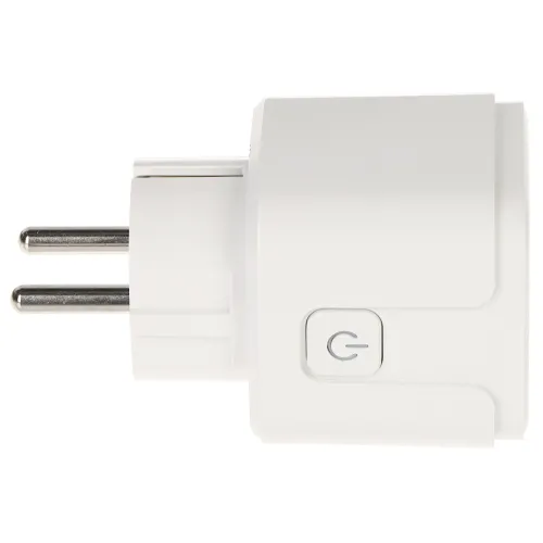 Biały inteligentny wtyk elektryczny z widocznym przyciskiem zasilania na boku. Wtyk posiada dwa metalowe bolce do podłączenia do gniazdka.