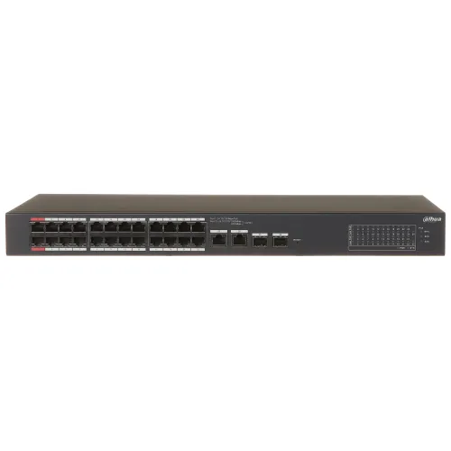 Na zdjęciu znajduje się czarny przełącznik sieciowy Dahua z wieloma portami Ethernet na przednim panelu. Urządzenie ma prostokątny kształt i oznaczenia portów oraz logo producenta po prawej stronie.
