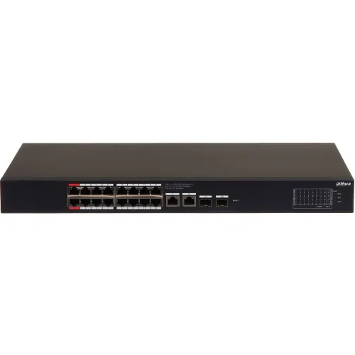 Na zdjęciu znajduje się czarny przełącznik sieciowy Dahua z kilkunastoma portami Ethernet i kilkoma portami światłowodowymi z przodu. Urządzenie ma prostokątny kształt i jest przeznaczone do montażu w szafie rackowej.