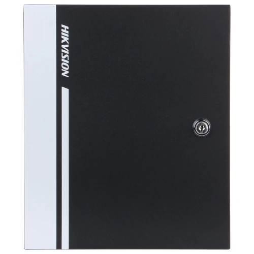 Czarna metalowa obudowa z zamkiem na klucz, z białym pionowym paskiem i logo Hikvision po lewej stronie. Produkt przeznaczony do zabezpieczania urządzeń elektronicznych.