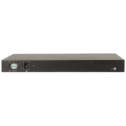 Czarny panel tylni urządzenia elektronicznego z widocznym wentylatorem, gniazdem zasilania i przełącznikiem. Obudowa jest prostokątna i ma kilka śrub mocujących.