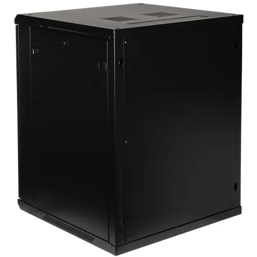 Czarna szafka serwerowa z metalowymi panelami i otworami wentylacyjnymi na górze. Widok z tyłu ukazuje solidną konstrukcję i minimalistyczny design.