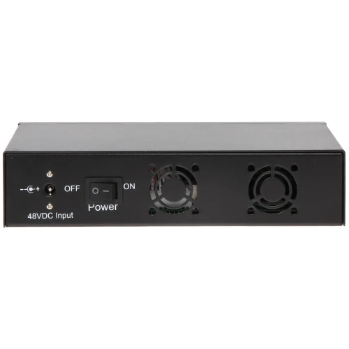 Czarny metalowy zasilacz z tylnym panelem wyposażonym w przełącznik zasilania, gniazdo wejściowe 48VDC oraz dwa wentylatory chłodzące. Produkt posiada oznaczenia dla łatwej identyfikacji funkcji.