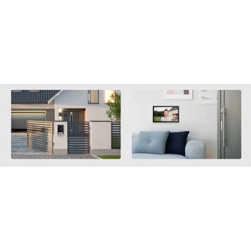 Po lewej stronie zdjęcia znajduje się nowoczesny dom z metalowym ogrodzeniem i wideodomofonem przy bramie. Po prawej stronie widać wnętrze z sofą i ekranem wyświetlającym osobę stojącą przed domem.