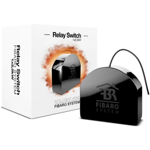 Włącznik przekaźnikowy FIBARO Relay Switch 1x2,5kW przedstawiony na zdjęciu to kompaktowe urządzenie do zdalnego sterowania obwodami elektrycznymi. Produkt jest zaprojektowany do montażu w puszkach instalacyjnych, umożliwiając integrację z systemami inteligentnego domu.