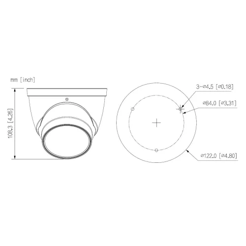 Schemat przedstawia wymiary kamery w dwóch rzutach: bocznym i górnym. Wymiary podane są w milimetrach i calach, z zaznaczeniem średnicy i wysokości.