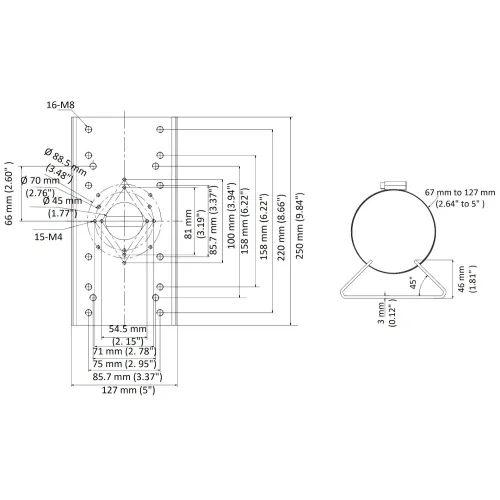 Schemat przedstawia wymiary montażowe urządzenia z widokiem z przodu i z boku, z dokładnymi oznaczeniami w milimetrach i calach. Zawiera szczegółowe informacje o otworach montażowych, średnicach i odległościach między elementami.
