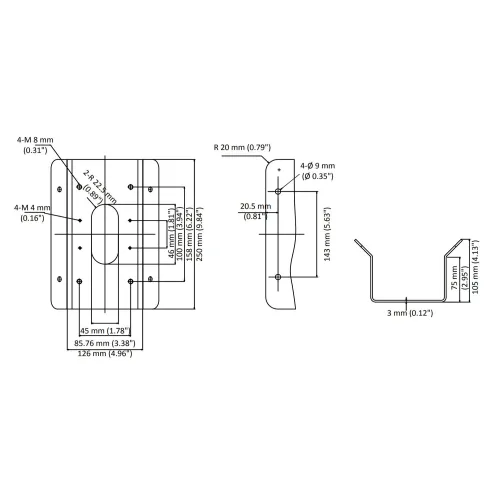 Schemat przedstawia wymiary metalowego uchwytu montażowego z otworami na śruby, widoczny z różnych perspektyw. Zawiera szczegółowe oznaczenia wymiarów w milimetrach i calach.