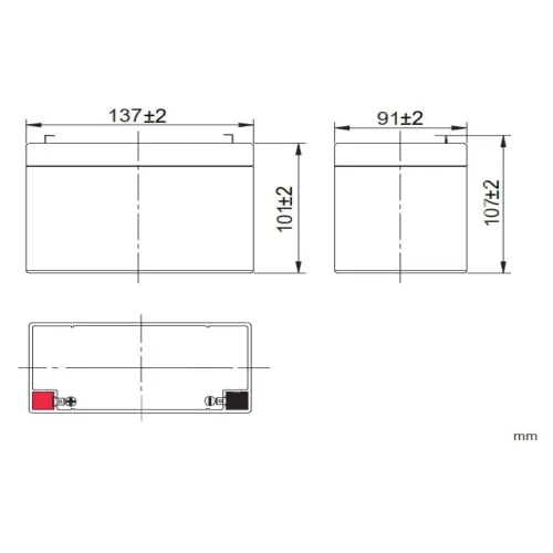 Schemat przedstawia wymiary prostokątnego akumulatora z oznaczeniami w milimetrach. Widoczne są trzy widoki: z przodu, z boku oraz z góry, z zaznaczonymi biegunami.