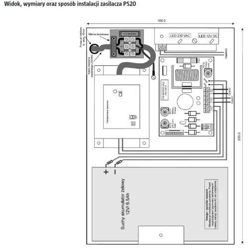 Schemat przedstawia instalację zasilacza buforowego PS20 z oznaczeniami komponentów i wymiarami. Widoczne są elementy takie jak akumulator, złącza oraz diody LED sygnalizacyjne.