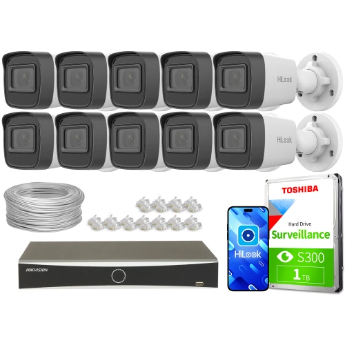 Zestaw do monitoringu składający się z dziesięciu kamer, rejestratora, dysku twardego Toshiba oraz akcesoriów montażowych. Kamery są w kolorze czarno-białym, a rejestrator ma elegancki, czarny design.