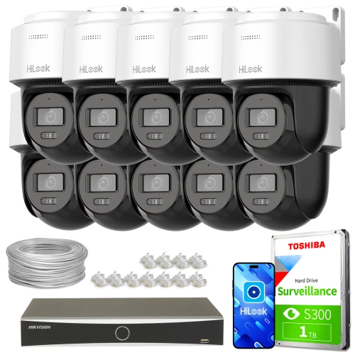 Zestaw do monitoringu składający się z dziesięciu kamer PTZ marki HiLook, rejestratora Hikvision, dysku twardego Toshiba 1TB oraz akcesoriów montażowych. W zestawie znajduje się również przewód i złącza do instalacji.