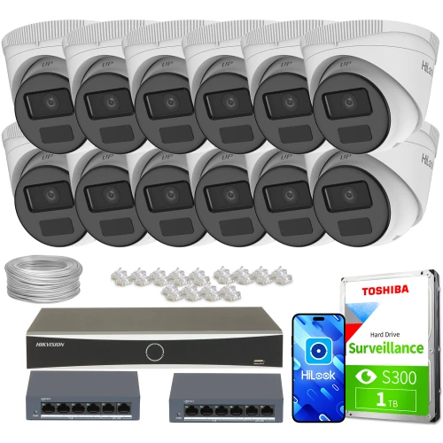 Zestaw do monitoringu składający się z dwunastu kamer IP, rejestratora, dwóch switchów, dysku twardego Toshiba oraz akcesoriów montażowych. Na zdjęciu widoczne są również przewody i aplikacja mobilna HiLook.