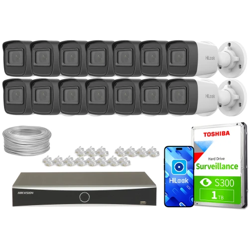 Zestaw do monitoringu składający się z czternastu kamer IP, rejestratora Hikvision, dysku twardego Toshiba oraz akcesoriów montażowych. Na zdjęciu widoczne są również przewody i aplikacja mobilna HiLook.