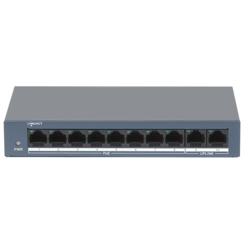 Na zdjęciu znajduje się szary switch sieciowy z dziesięcioma portami Ethernet, z których osiem oznaczono jako PoE. Urządzenie ma wskaźniki LED nad każdym portem oraz oznaczenia "LINK/ACT" i "PWR" po lewej stronie.