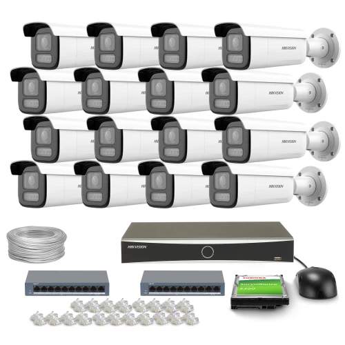 Zestaw do monitoringu składający się z szesnastu kamer, rejestratora, kabla, dwóch switchów oraz akcesoriów montażowych. Kamery są ułożone w czterech rzędach, a pozostałe elementy zestawu rozmieszczone są poniżej.