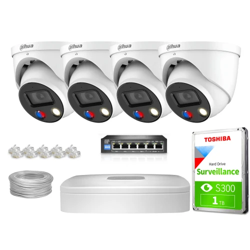 Zestaw do monitoringu składający się z czterech białych kamer, dysku twardego Toshiba, rejestratora, kabla oraz złączy sieciowych. Kamery mają nowoczesny design z czarnymi elementami i są przeznaczone do systemów nadzoru.