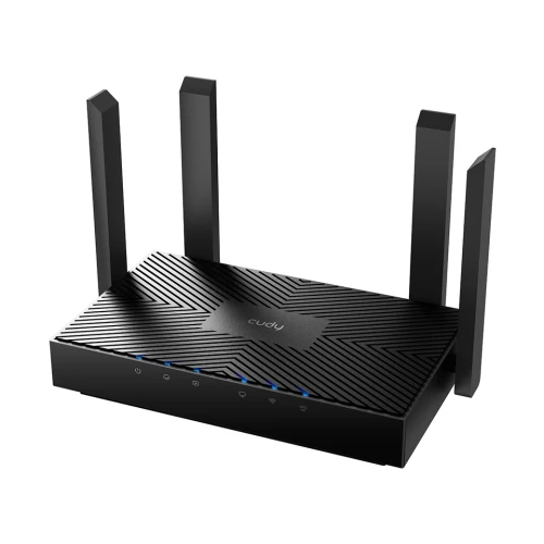 Czarny router z czterema antenami, ozdobiony geometrycznym wzorem na górnej powierzchni. Na przednim panelu znajdują się diody sygnalizacyjne.