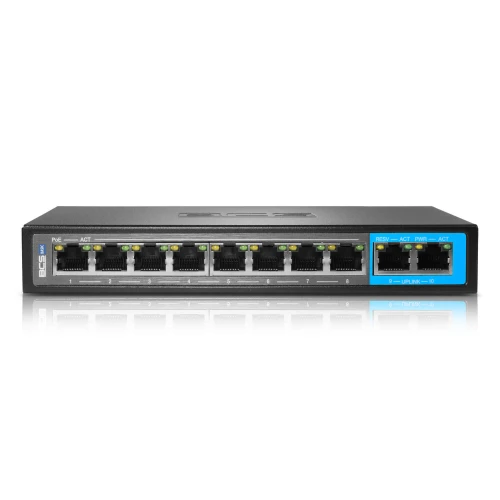 Na zdjęciu znajduje się czarny switch sieciowy BCS z ośmioma portami Ethernet, z czego siedem portów jest oznaczonych jako PoE. Po prawej stronie urządzenia znajduje się niebieska sekcja z dwoma dodatkowymi portami oznaczonymi jako UPLINK.