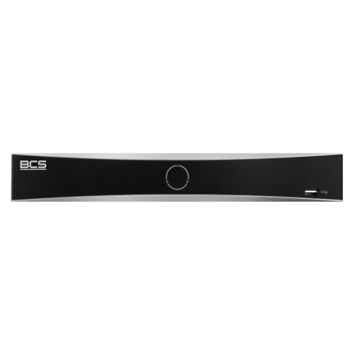 Czarny rejestrator BCS z minimalistycznym designem, posiada centralnie umieszczone pokrętło i port USB po prawej stronie. Urządzenie ma elegancką, prostą obudowę z logo BCS w lewym górnym rogu.