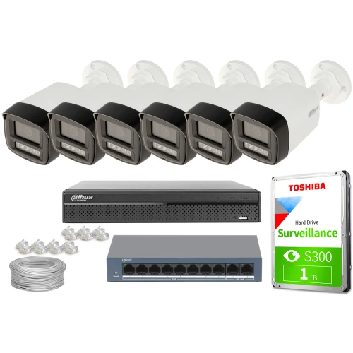 Zestaw do monitoringu składający się z sześciu kamer, rejestratora Dahua, dysku twardego Toshiba 1TB, przełącznika sieciowego oraz kabli i złączek. Kamery są białe z czarnymi elementami, a wszystkie komponenty są ułożone na białym tle.