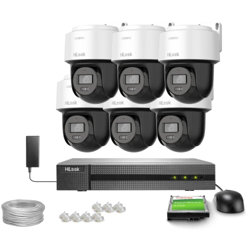 Zestaw do monitoringu składający się z sześciu kamer PTZ, rejestratora, kabla, złączy RJ45 oraz dysku twardego. Kamery są w kolorze czarno-białym, a rejestrator ma czarną obudowę z logo HiLook.