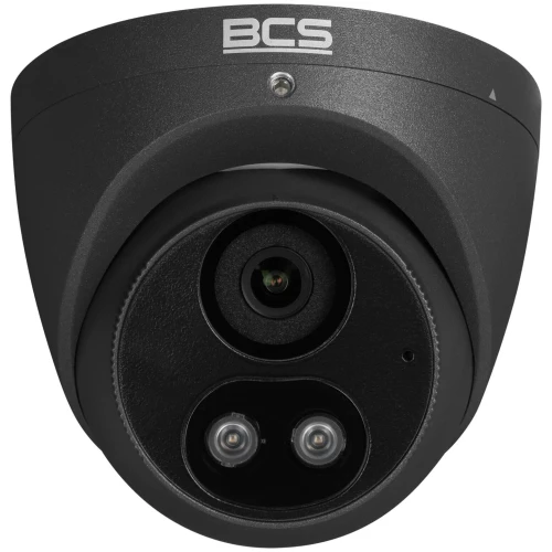 Czarna kamera monitoringu BCS z dwoma obiektywami i logo na górze. Kamera ma nowoczesny design i jest przeznaczona do systemów bezpieczeństwa.
