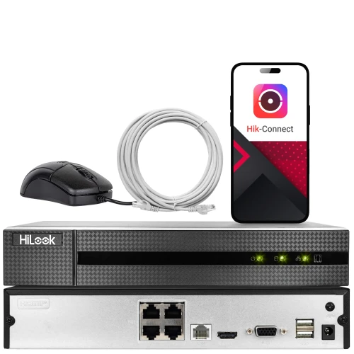 Zestaw do monitoringu IP składający się z rejestratora HiLook, myszki, kabla sieciowego oraz smartfona z aplikacją Hik-Connect. Urządzenia są ustawione na białym tle, a rejestrator pokazuje aktywne diody LED.
