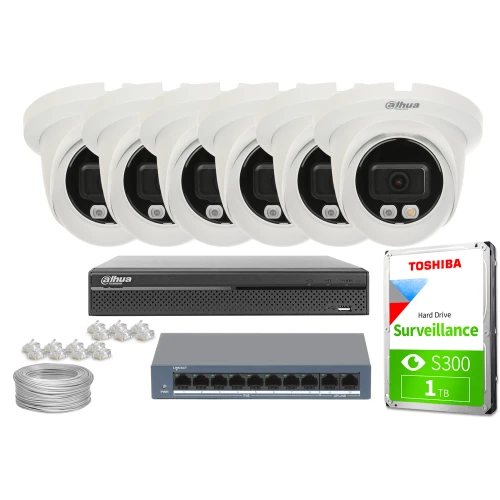 Zestaw do monitoringu składający się z sześciu białych kamer Dahua, rejestratora, dysku twardego Toshiba, przełącznika sieciowego oraz kabli i złączek. Elementy są rozmieszczone na białym tle, prezentując kompletny system nadzoru.