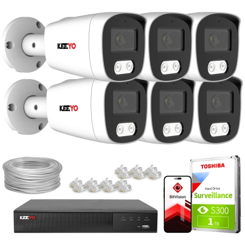 Zestaw do monitoringu IP składający się z sześciu kamer, rejestratora, dysku twardego Toshiba 1TB, kabla oraz złączy. Na zdjęciu widoczny jest również smartfon z aplikacją BitVision.