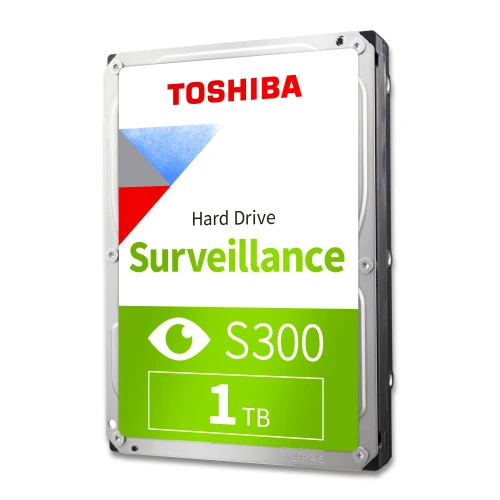 Na zdjęciu znajduje się dysk twardy Toshiba S300 Surveillance o pojemności 1 TB, przeznaczony do monitoringu. Etykieta dysku jest w kolorach białym, zielonym, czerwonym i niebieskim, z dużym napisem "Surveillance".