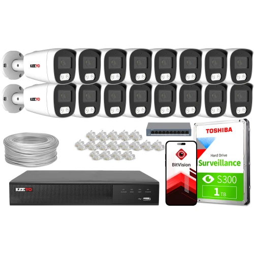 Zestaw do monitoringu składający się z szesnastu kamer, rejestratora, dysku twardego, kabla, złączek oraz aplikacji mobilnej. Elementy są rozmieszczone na białym tle, z widocznymi logotypami marek KeeYo, BitVision i Toshiba.