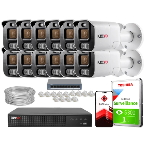 Zestaw do monitoringu składający się z dziesięciu kamer, rejestratora, dysku twardego Toshiba, kabla oraz akcesoriów montażowych. Na zdjęciu widoczna jest również aplikacja BitVision na smartfonie.