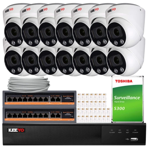 Zestaw do monitoringu składający się z dwunastu kamer, rejestratora, dysku twardego Toshiba oraz kabli i akcesoriów montażowych. Kamery i rejestrator są oznaczone logo "KEEYO".