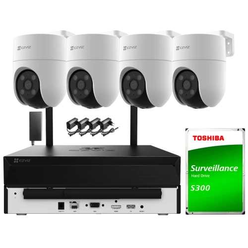 Zestaw do monitoringu składający się z czterech białych kamer Wi-Fi oraz rejestratora z dyskiem twardym Toshiba S300. Kamery są zamontowane na czarnych uchwytach, a rejestrator posiada różne porty do podłączenia.