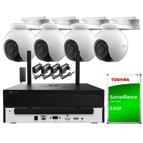 Zestaw do monitoringu Wi-Fi składający się z czterech białych kamer kopułkowych, rejestratora z antenami oraz dysku twardego Toshiba S300. W zestawie znajdują się również zasilacze i akcesoria montażowe.