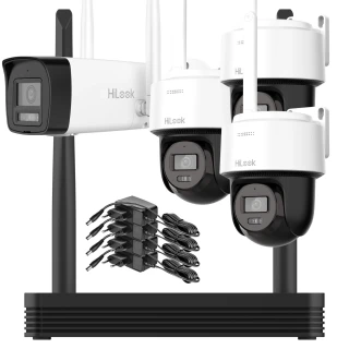 Zestaw do monitoringu Wi-Fi składający się z czterech kamer i rejestratora, z widocznymi kablami zasilającymi. Kamery mają nowoczesny design i są w kolorze czarno-białym.