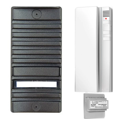 Na zdjęciu znajduje się zestaw domofonowy składający się z czarnej, zewnętrznej jednostki z przyciskiem oraz białego, wewnętrznego panelu z przyciskiem i diodą. Obok widoczny jest moduł montażowy z oznaczeniami technicznymi.