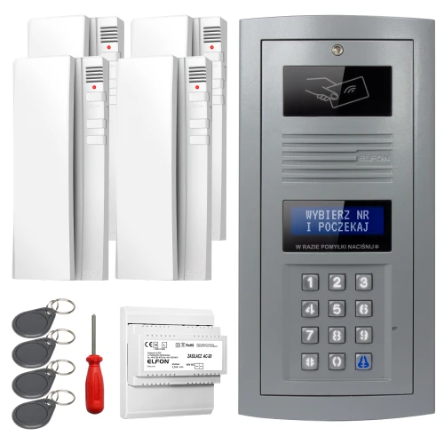 Zestaw domofonowy cyfrowy składający się z panelu z klawiaturą numeryczną, czterech białych unifonów, czterech breloków zbliżeniowych, śrubokręta oraz modułu zasilającego. Panel posiada wyświetlacz oraz miejsce na kartę zbliżeniową.