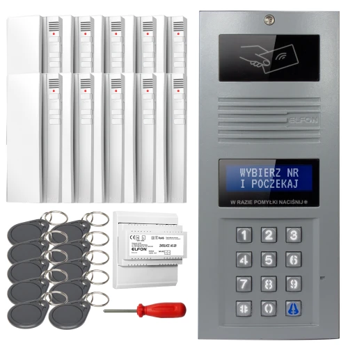 Zestaw domofonowy cyfrowy składający się z panelu z klawiaturą numeryczną, wyświetlaczem oraz czytnikiem kart zbliżeniowych, a także kilku białych unifonów. W zestawie znajdują się również breloki zbliżeniowe, śrubokręt i moduł elektroniczny.