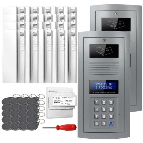 Zestaw domofonowy cyfrowy składający się z panelu z klawiaturą, kilku białych unifonów, breloków zbliżeniowych oraz śrubokręta. Panel domofonowy posiada wyświetlacz i klawiaturę numeryczną.