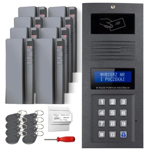 Zestaw domofonowy podtynkowy składający się z panelu z klawiaturą numeryczną, ośmiu szarych słuchawek, breloków zbliżeniowych, modułu zasilającego i śrubokręta. Panel posiada wyświetlacz z instrukcją oraz ikonę karty zbliżeniowej.