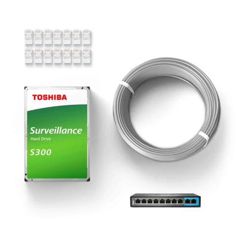 Zestaw do monitoringu składający się z dysku twardego Toshiba S300, kabla sieciowego, przełącznika sieciowego oraz zestawu złącz RJ45. Elementy są rozmieszczone na białym tle.