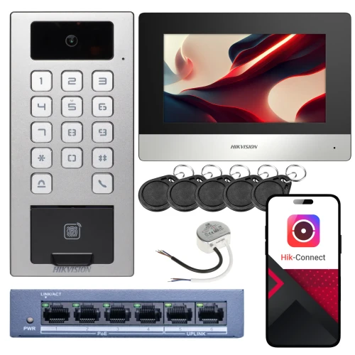 Комплект відеодомофону Hikvision DS-K1T502DBFWX-C, монітор, 5 брелоків, відбиток пальця