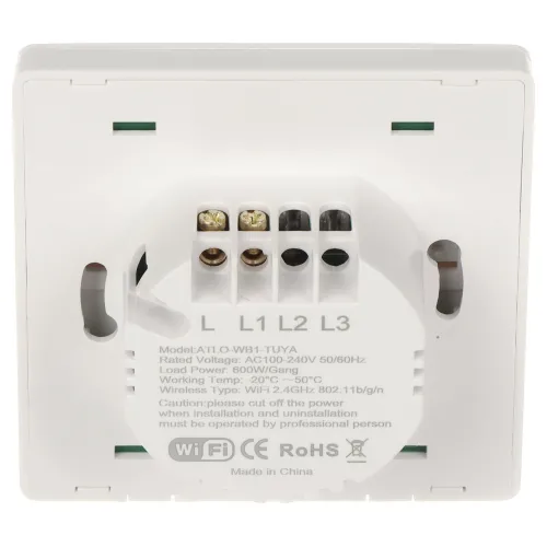 Zdjęcie przedstawia tylną część inteligentnego włącznika ściennego z widocznymi złączami elektrycznymi i oznaczeniami technicznymi. Na urządzeniu znajdują się informacje o modelu, napięciu, mocy oraz certyfikatach zgodności.