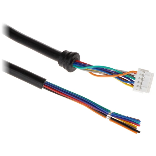 Zdjęcie przedstawia kolorowy kabel wielożyłowy z odsłoniętymi końcówkami oraz białą wtyczką z sześcioma pinami. Kabel jest osłonięty czarną izolacją, a każda żyła ma inny kolor.